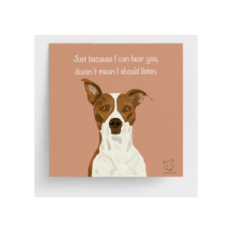 Dog illustration with a humorous quote on a peach background