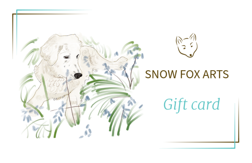 Gift card from Snow Fox Arts with a golden retriever illustration and floral elements on a white background.