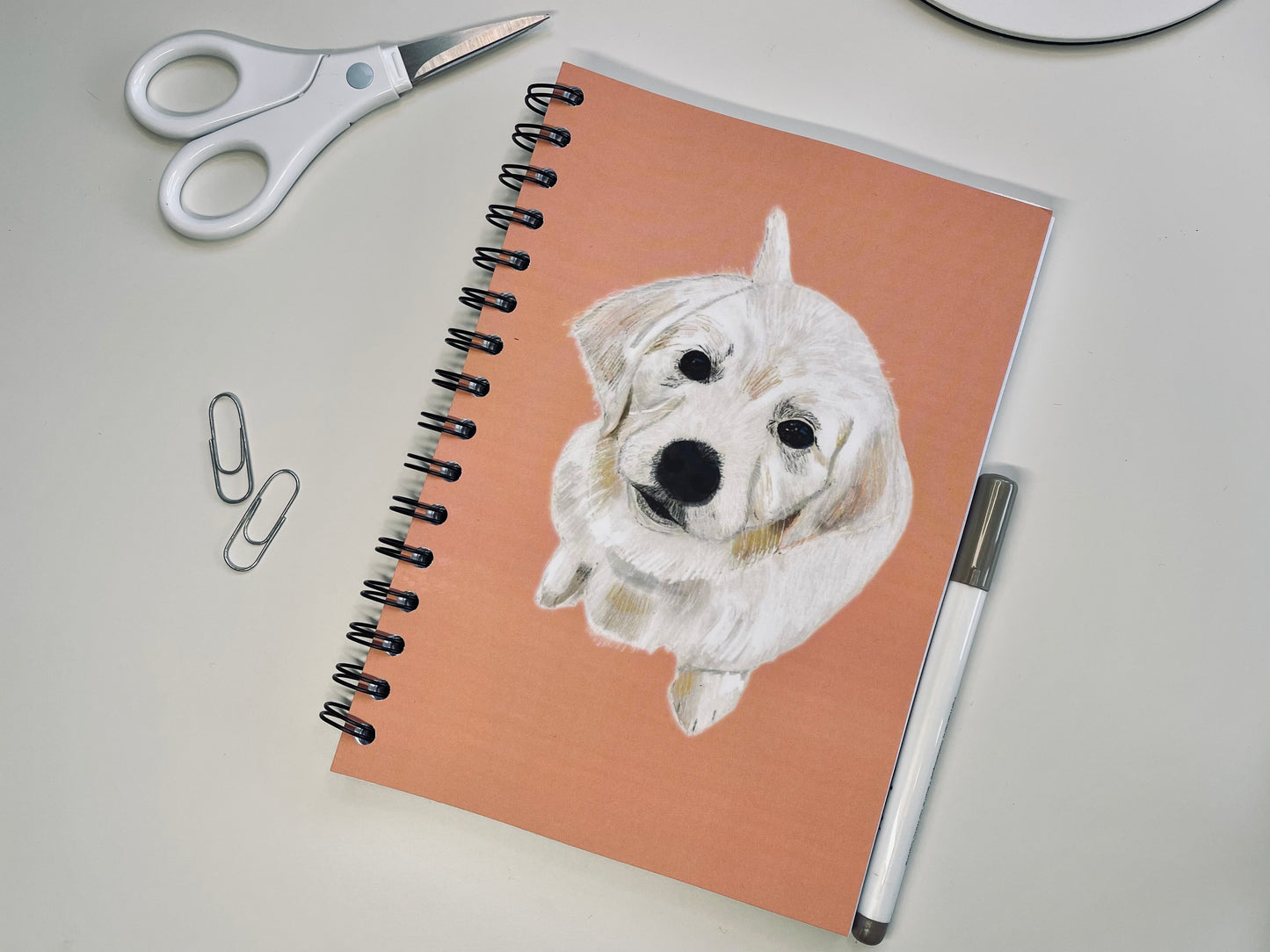 Golden Retriever Puppy Notebook| Dusty Pink | Softback | A5 | Wirebound | Front | Snow Fox Arts