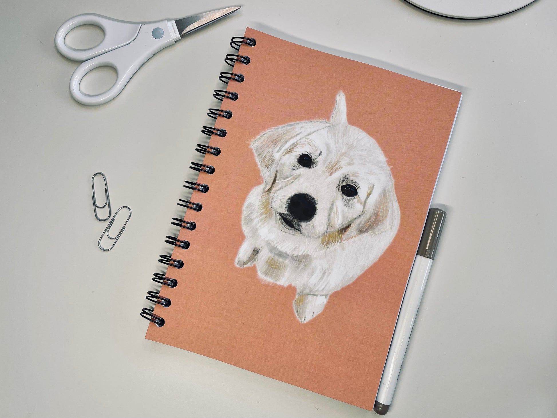 Golden Retriever Puppy Notebook| Dusty Pink | Softback | A5 | Wirebound | Front | Snow Fox Arts
