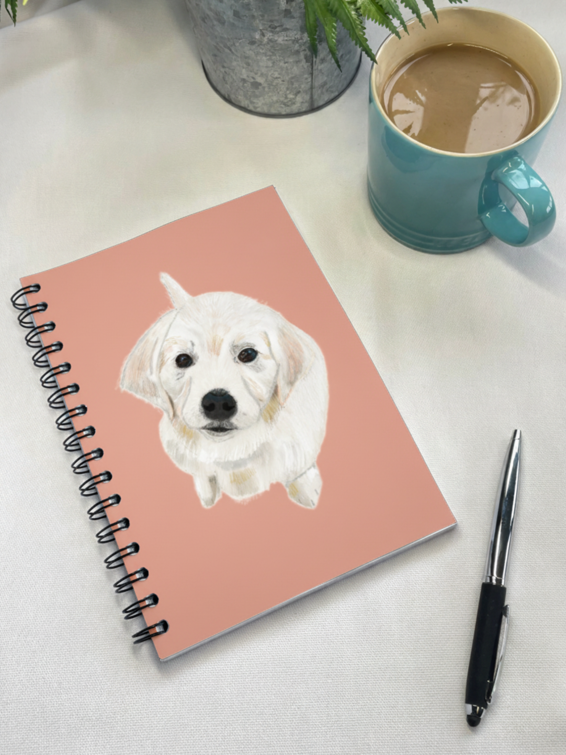 Golden Retriever Puppy Notebook| Dusty Pink | Softback | A5 | Wirebound | On a Desktop| Snow Fox Arts