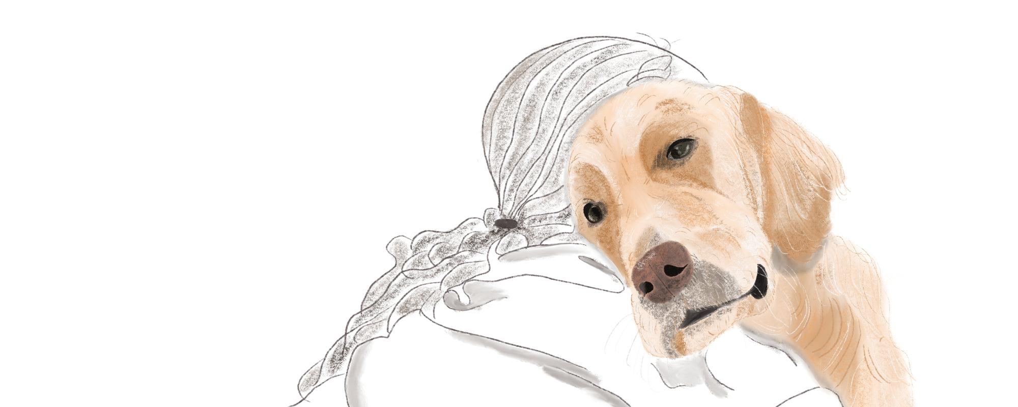 A hand-drawn illustration of a woman embracing a golden retriever