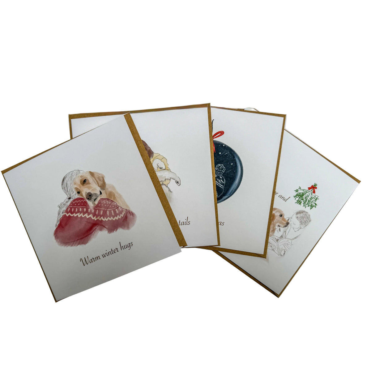 Four illustrated greeting cards fanned out on a white background, each featuring an assistance dog and their handler.