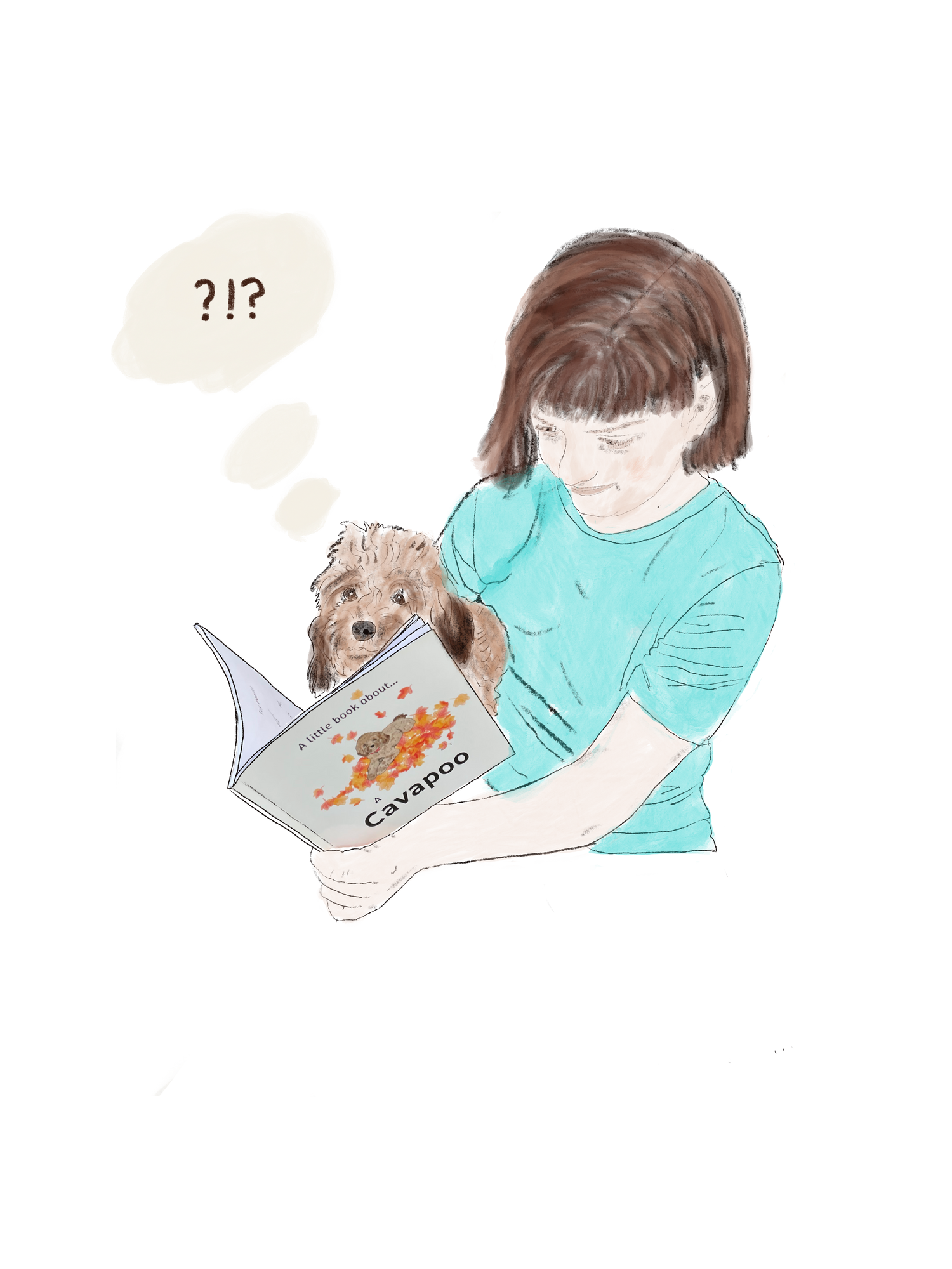 Illustration of a person reading a book about a Cavapoo with a dog on their lap.