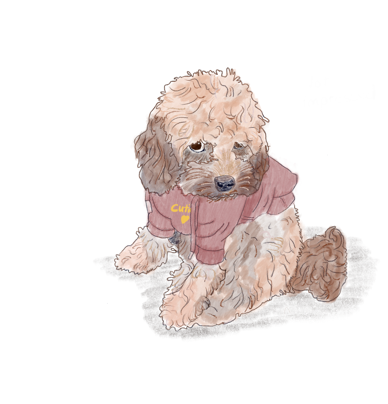 Illustration of a dog wearing a pink hoodie on a white background