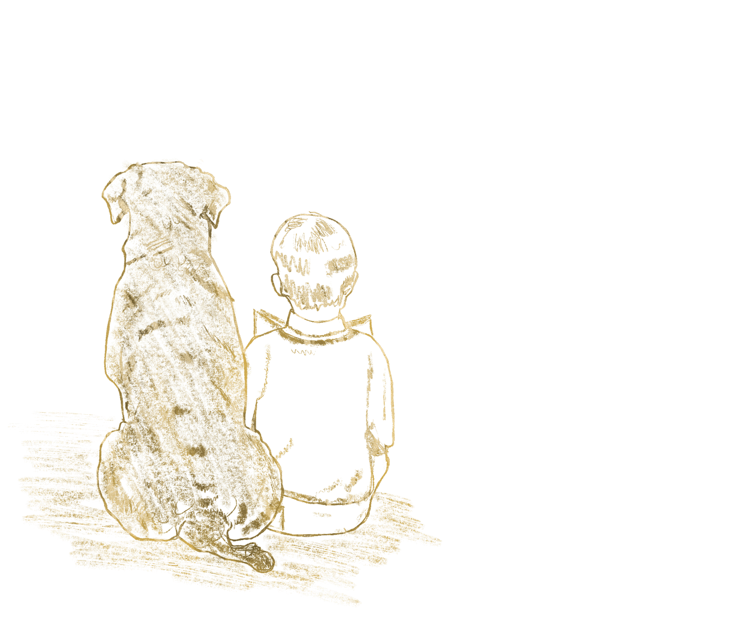 Illustration of a child and a dog sitting together on a white background