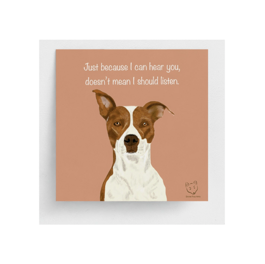 Dog illustration with a humorous quote on a peach background
