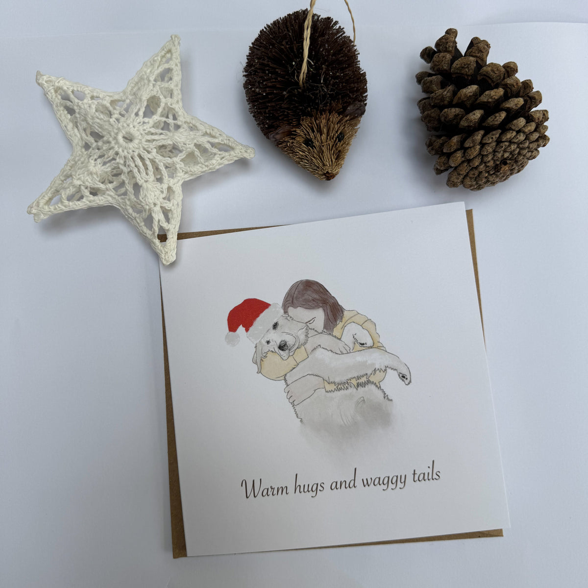 A square greeting card with a hand-drawn illustration of a person hugging a dog and the text 'Warm hugs and waggy tails,' styled on a white background with a cream lace star, a brown decorative ornament, and two pinecones.