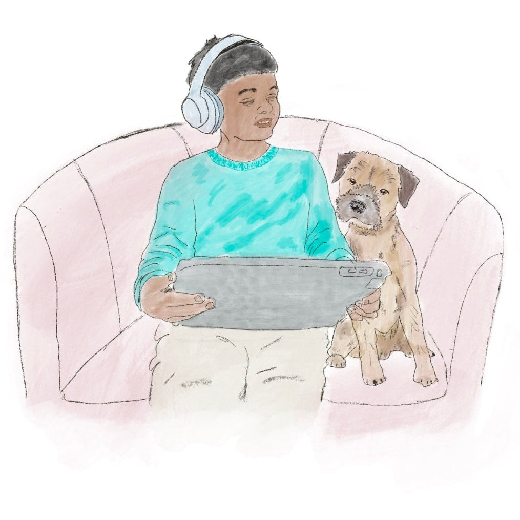 Illustration of a person sitting on a couch with a dog, using a tablet and wearing headphones.