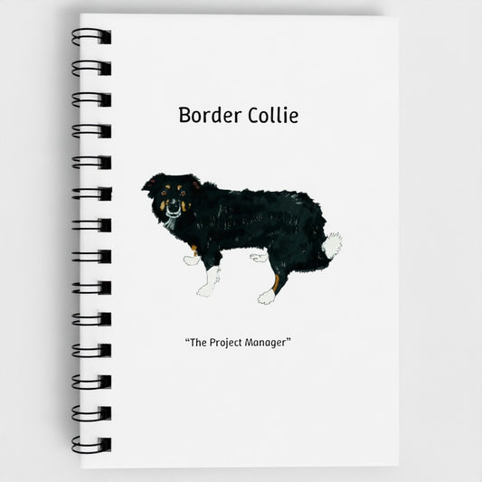 Notebook with a Border Collie illustration and text on a white background
